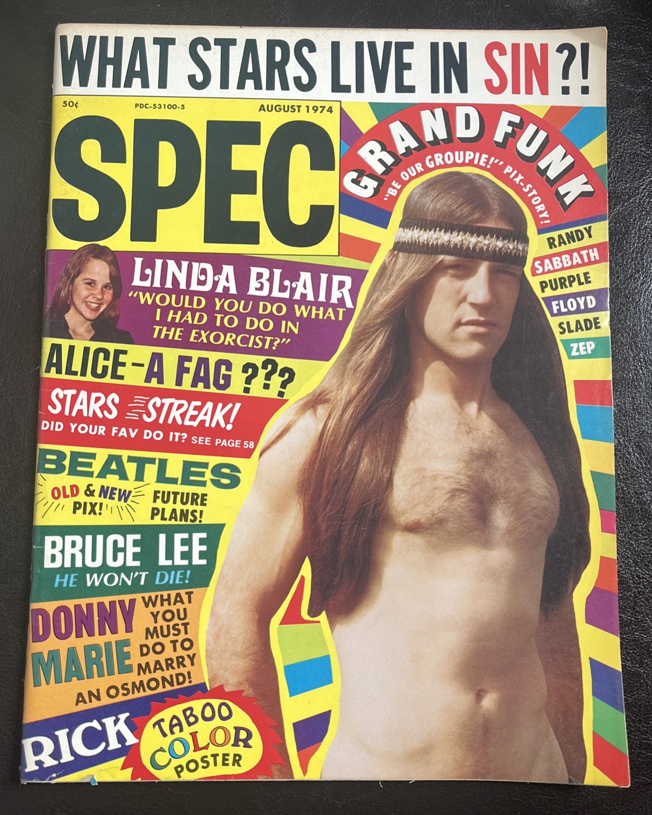 Spec Mag Aug 1974 The Beatles Alice Cooper A Fag Headline Linda Blair Grand Funk