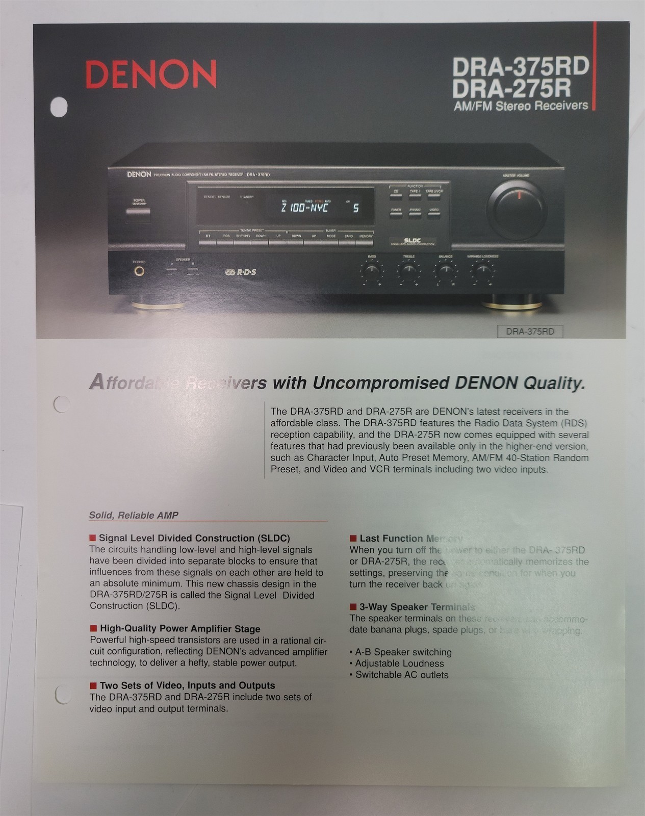 1990’s Denon DRA-375RD / DRA-275R AM/FM Stereo Receivers Brochure & Specs