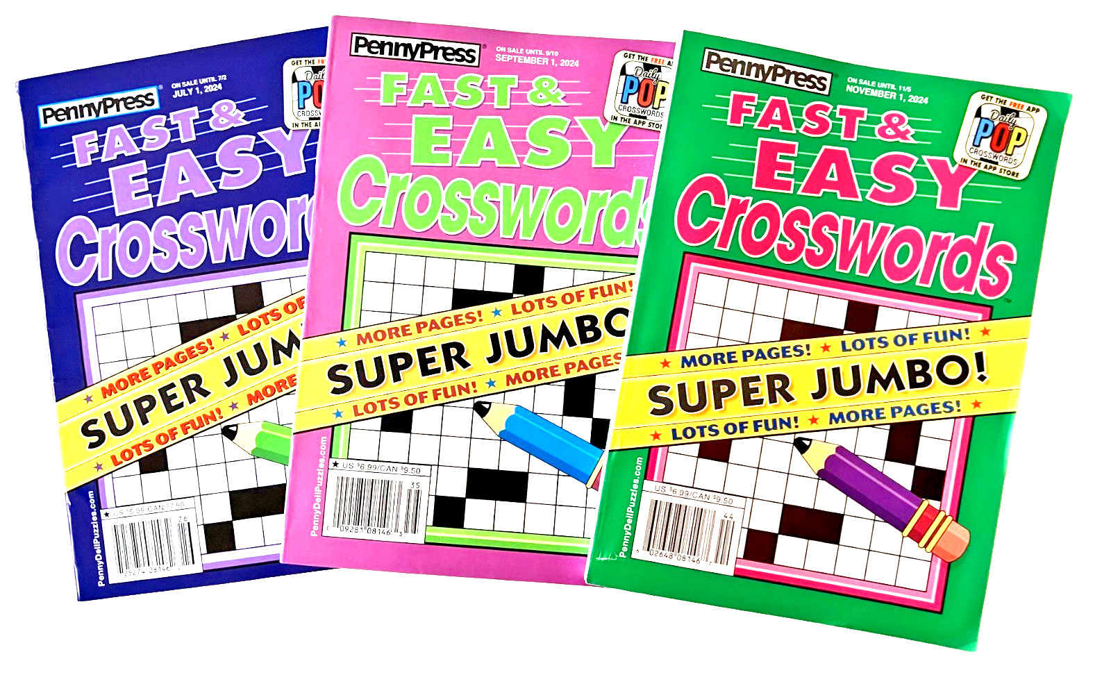 NEW Lot of 3 Penny Press Dell Fast & Easy Super Jumbo Crossword Puzzle Books