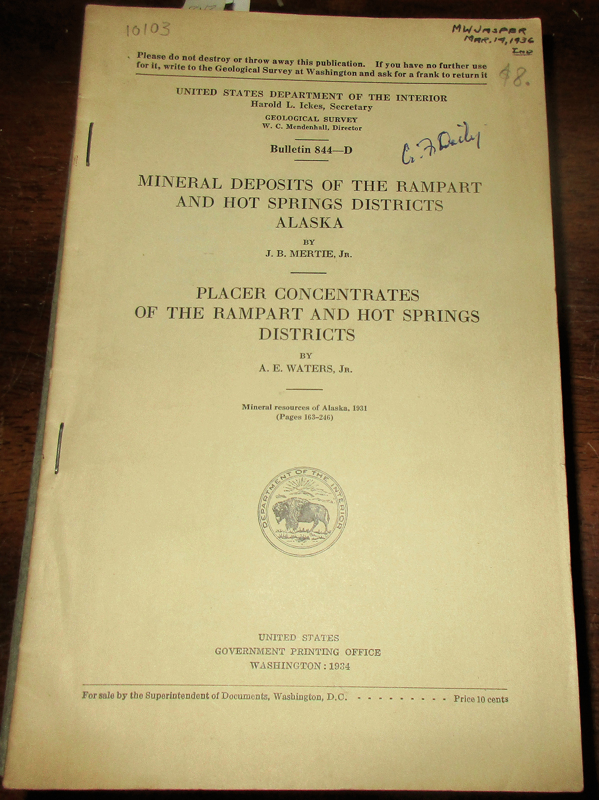GEOLOGY 1934 ALASKA GOLD MINING MINERALS RAMPART HOT SPRINGS DISTRICTS PLACERS