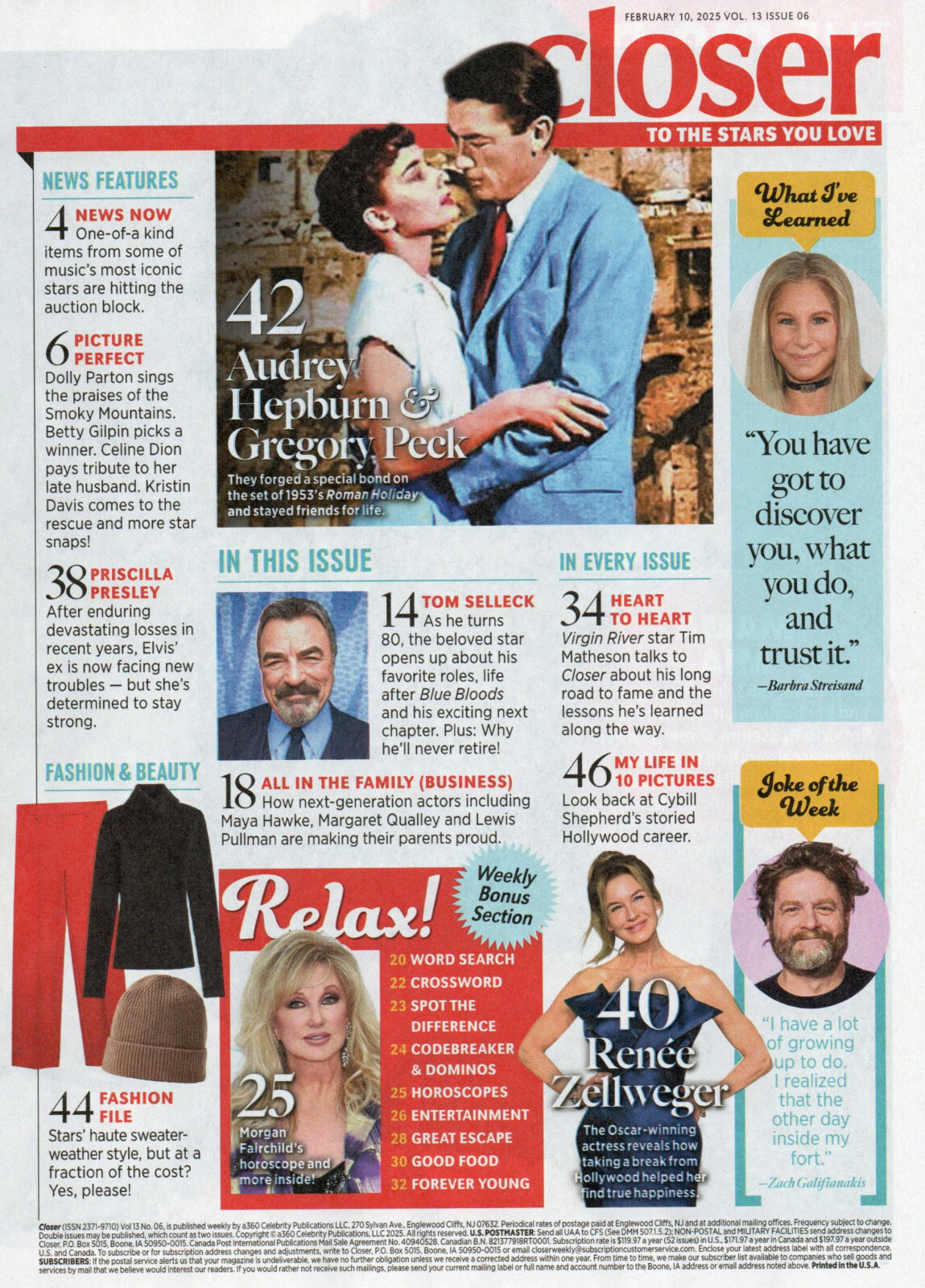 CLOSER February 10 2025 Tom Selleck Audrey Hepburn Gregory Peck Tim Matheson
