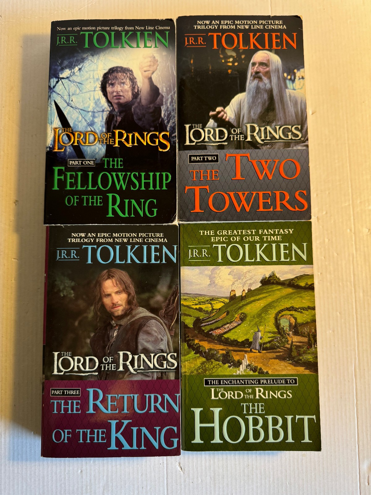 Lord of the Rings Set 4 Books Trilogy + Hobbit J R R Tolkien Movie Tie In Covers