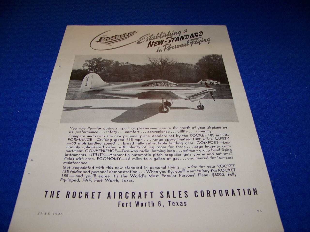 1946 ROCKET 185 “NEW STANDARD”..1-PAGE ORIGINAL SALES AD (872MM)