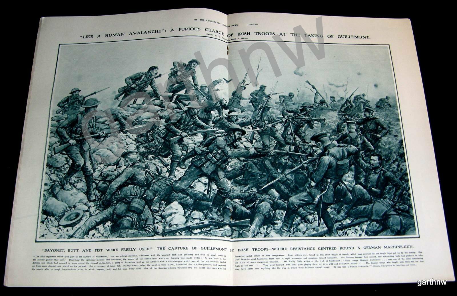 ZEPPELINS SHOT DOWN 1916 ART & PHOTOS WORLD WAR I IRISH SOLDIERS TAKE GUILLEMONT