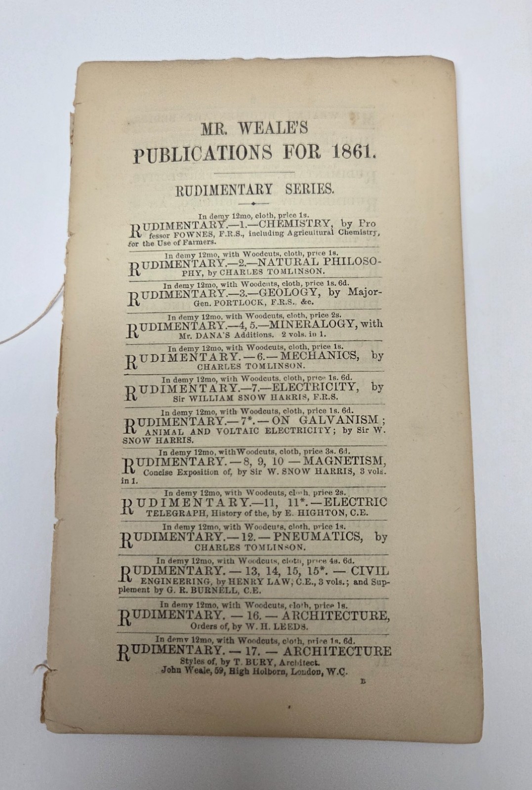Rare 1861 John Weale Mr. Weale’s Series Book Catalog – 36 Pages