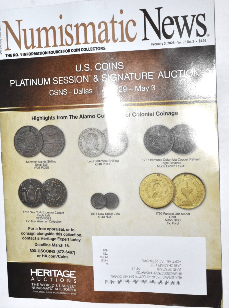 NUMISMATIC NEWS MAGAZINE “Alamo Collection – Colonial Coins” 2-06-2025, 55 Pages