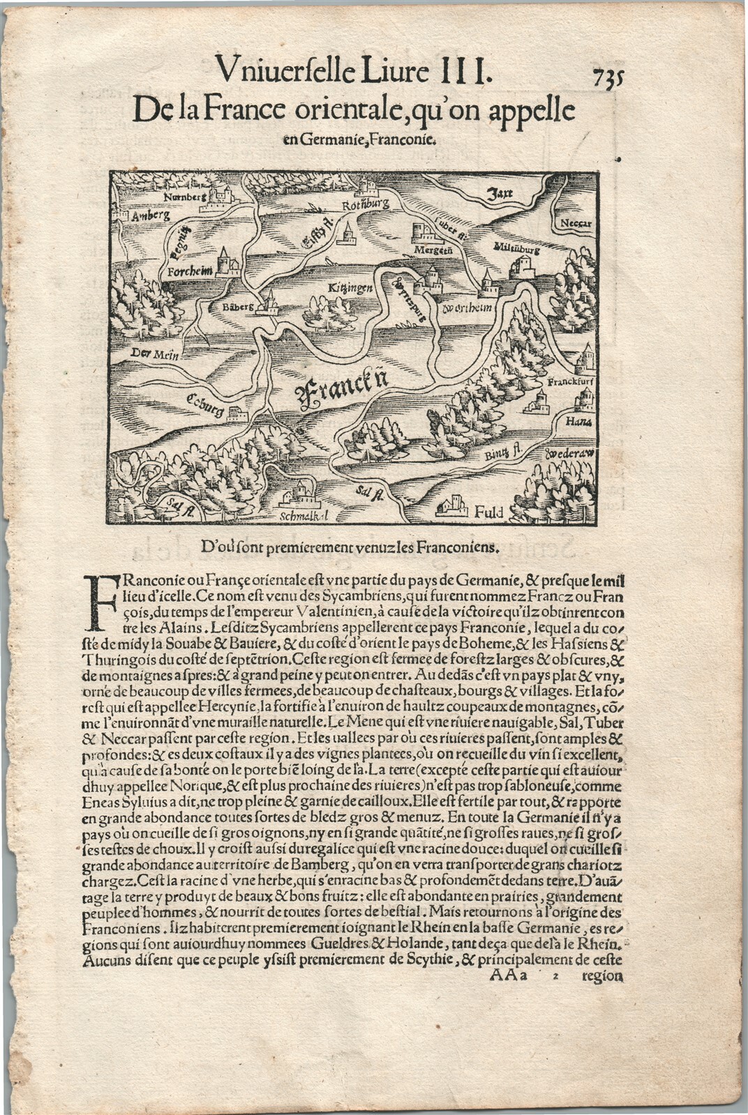 1575 EASTERN FRANCE MAP LEAF from BELLEFOREST EDITION of MUNSTER COSMOGRAPHY