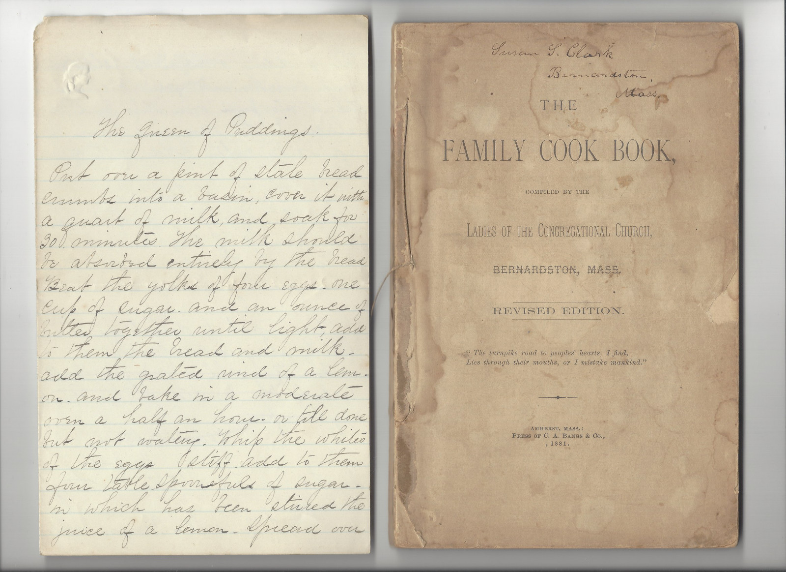 vtg 1800s FAMILY COOK BOOK Congregational Church 🙏 Bernardston MA Mass cookbook