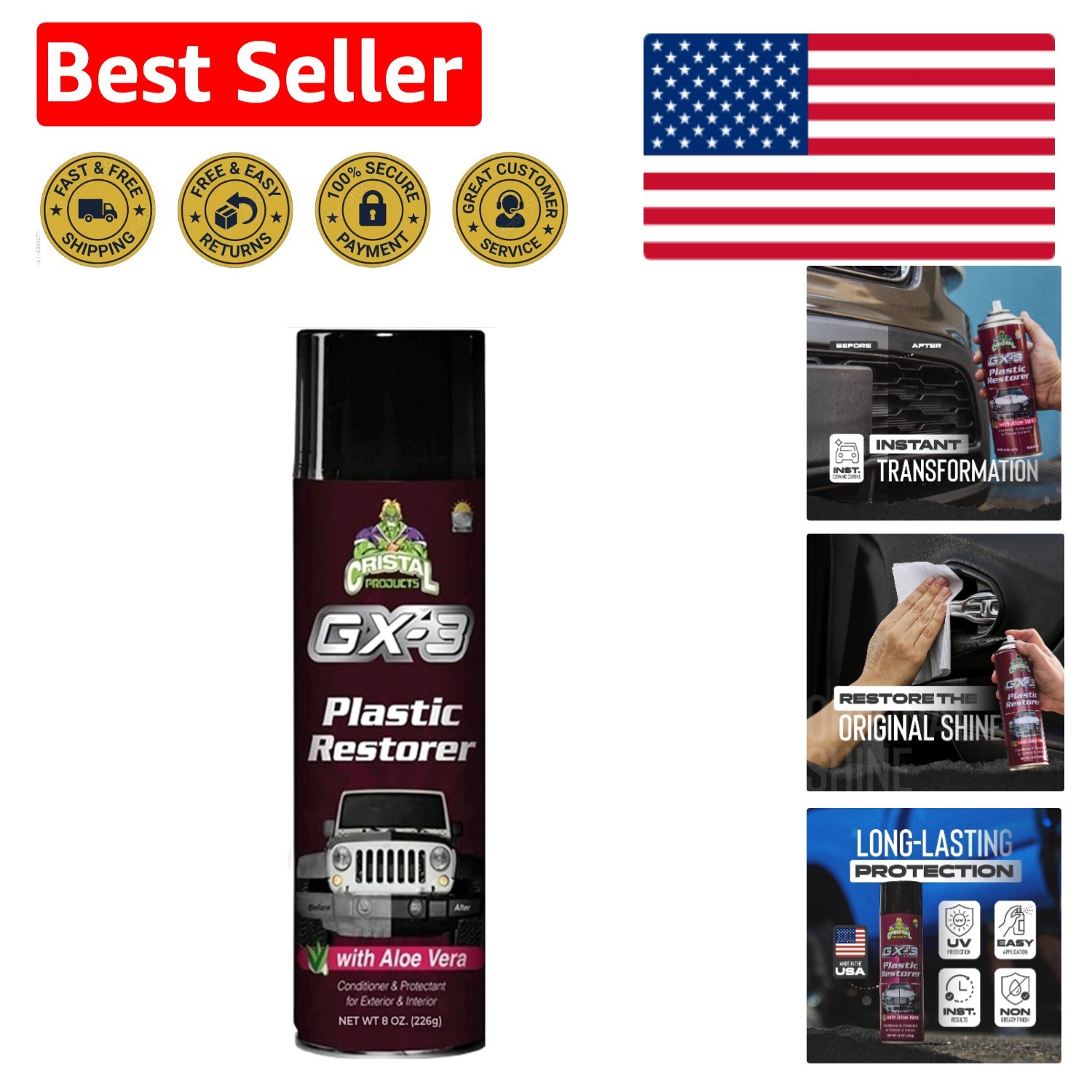 Versatile GX-3 Plastic Restorer – Interior & Exterior 8 fl oz Cleaner with Aloe