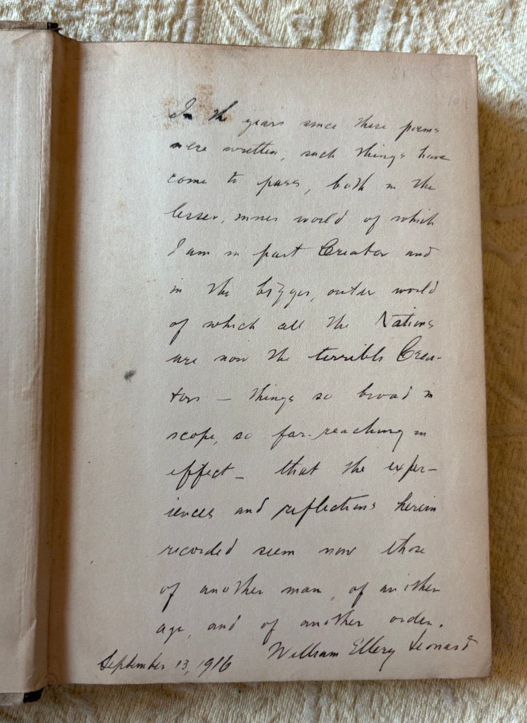 William Ellery Leonard, The Vaunt of Man, NY, Huebsch 1912, long inscription