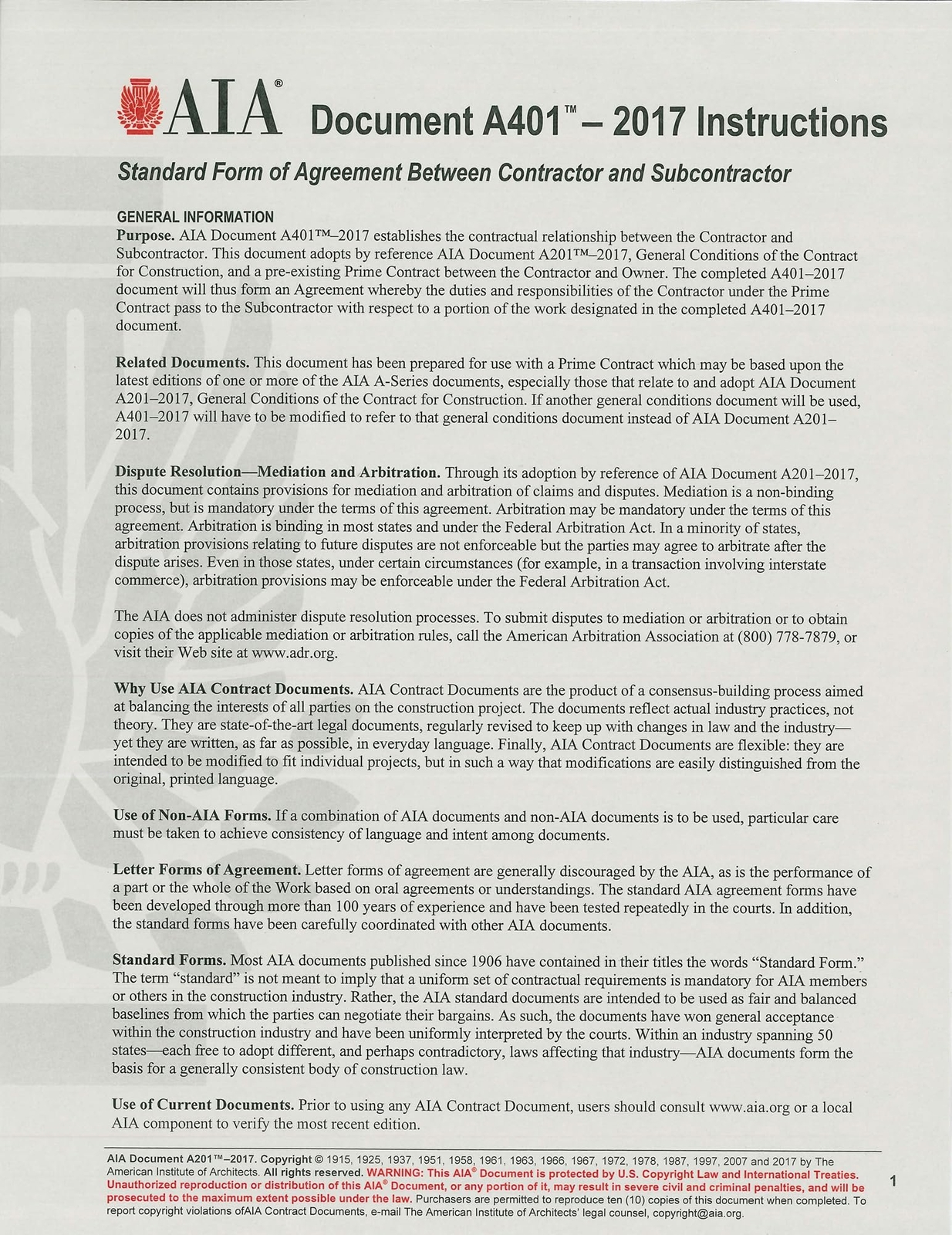 AIA Documents A401 – Only Inlcudes A401 – 2017 General Conditions