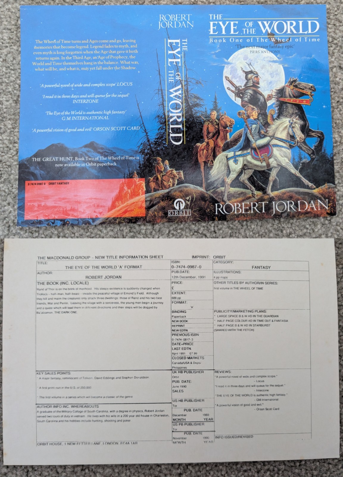 Wheel of Time Collectibles | Robert Jordan Advance Information Cards, DJs | RARE