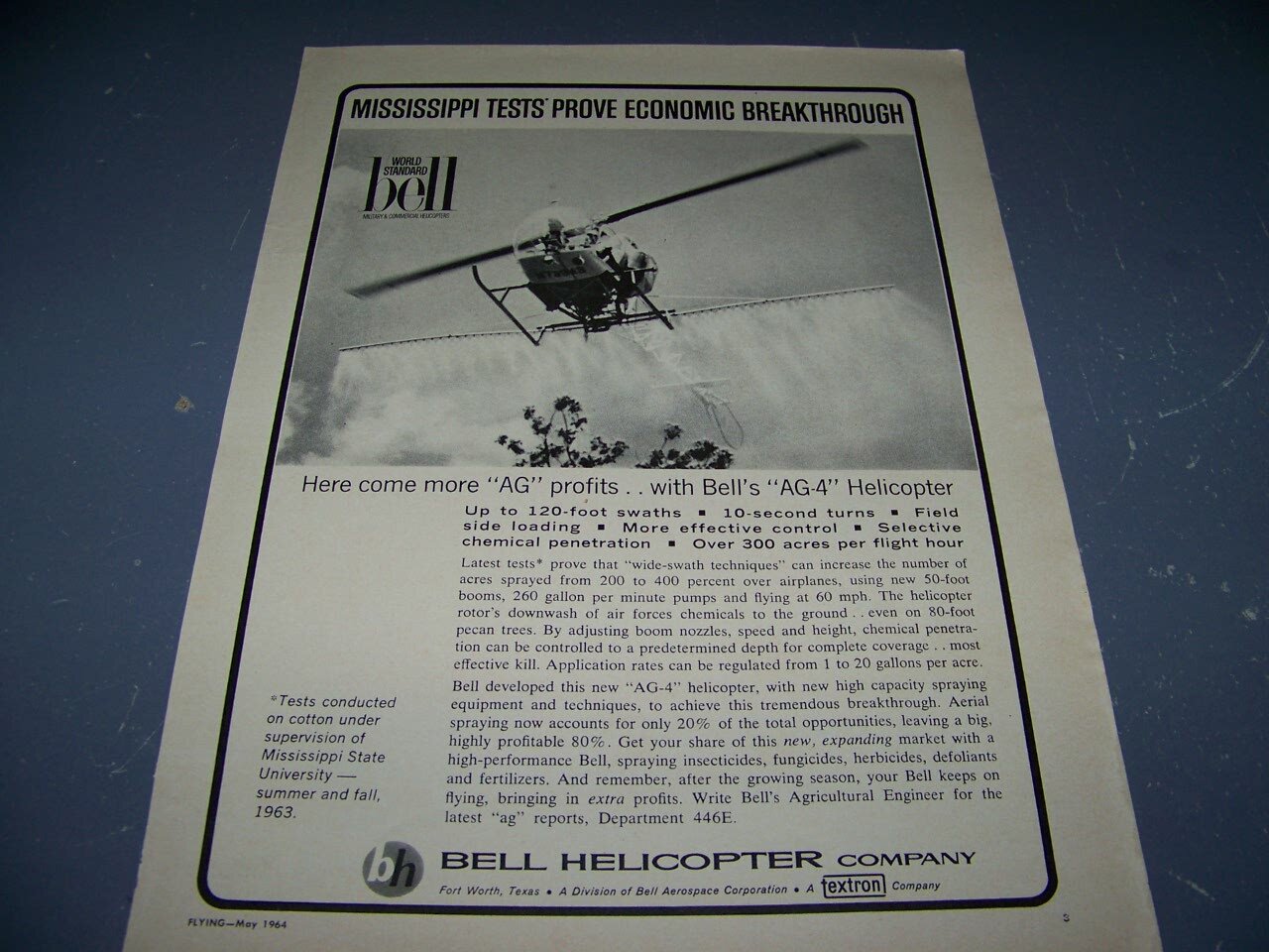 1964 BELL AG-4 HLEICOPTER “HERE COME MORE “AG” PROFITS”..1-PAGE SALES AD..(584Y)